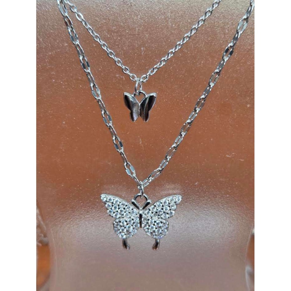 925 Sterling Silver Double Layer Butterfly Pendant Necklace TB236